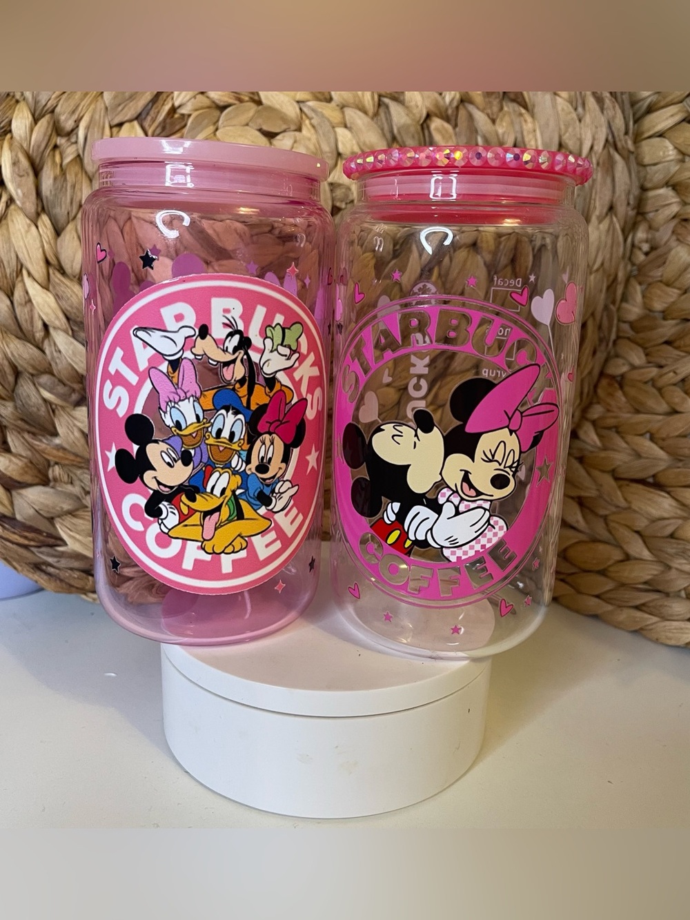 Pink Character glass cups Minnie, Mickey & Friends